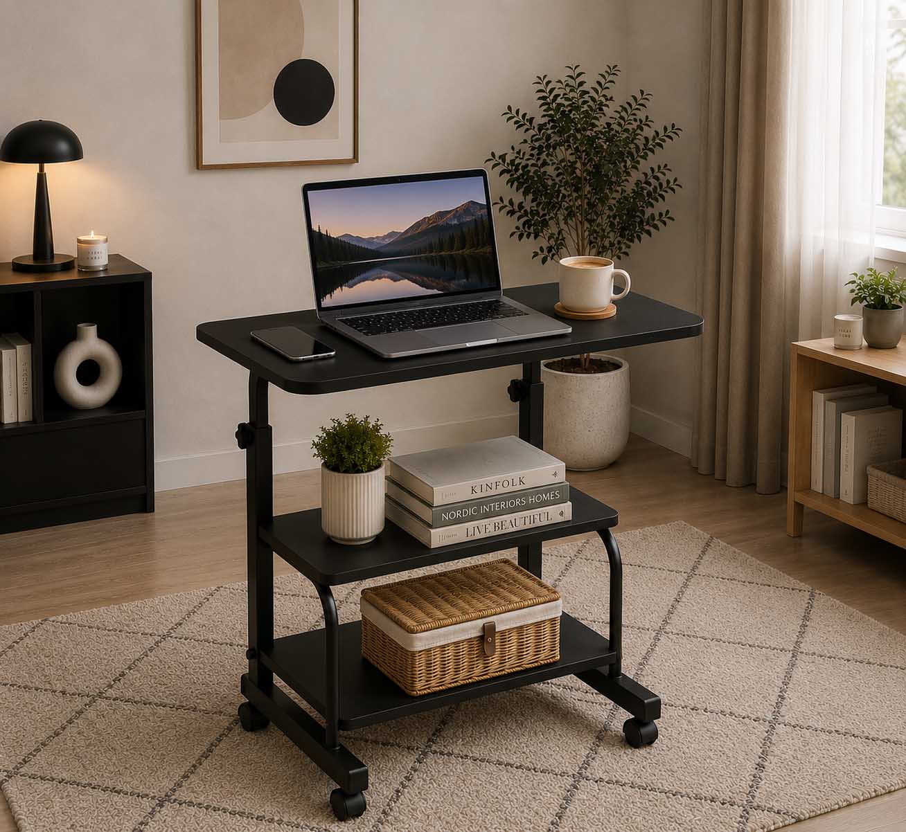 Double Layer Adjustable Table Full Black